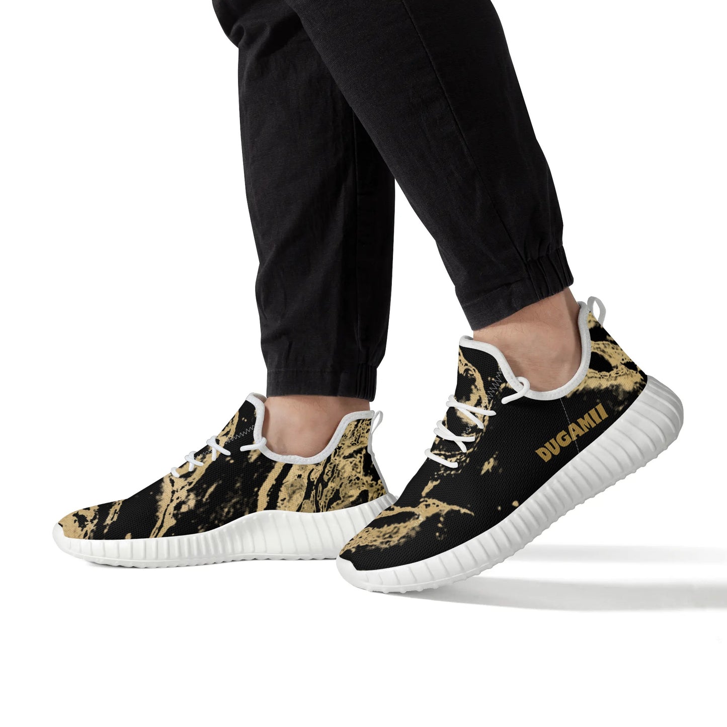 Mens Mesh Knit Black and White Golden Streaks Sneakers