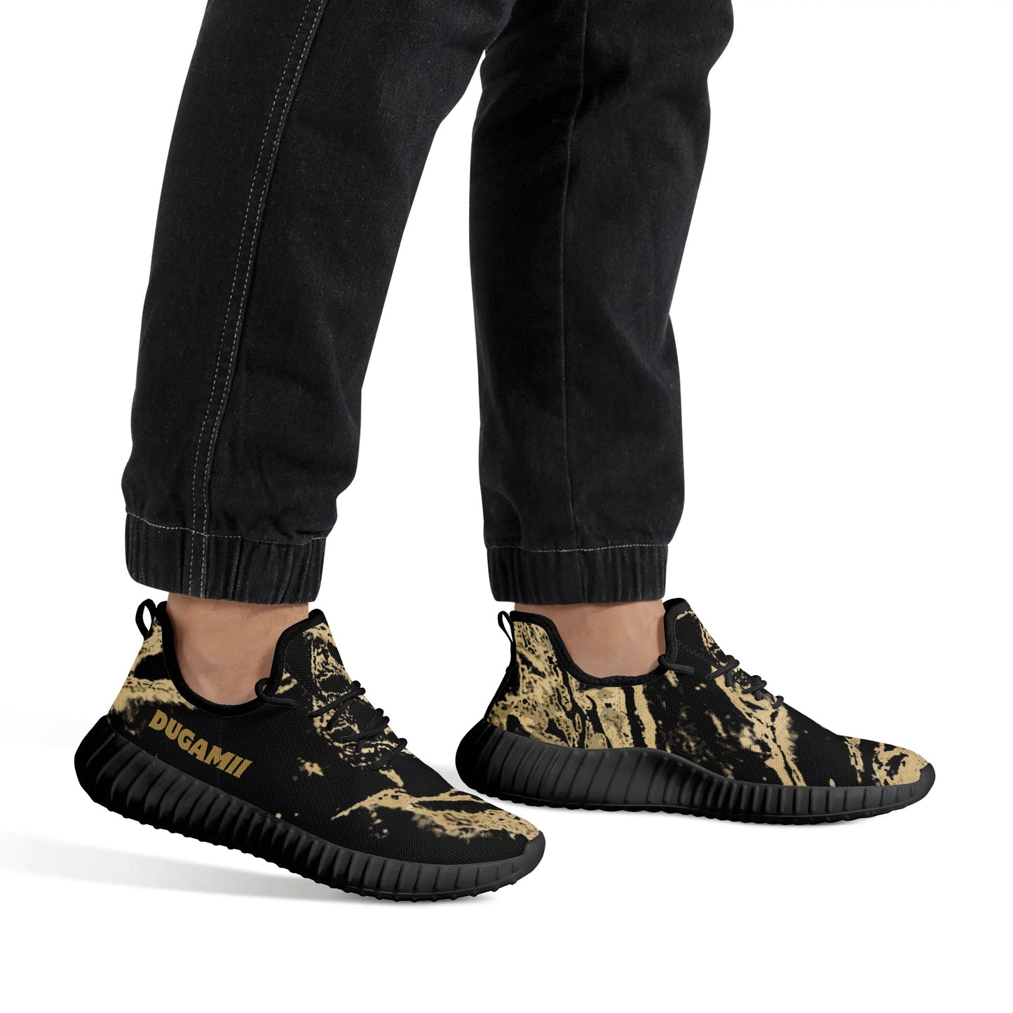 Mens Mesh Knit Black and White Golden Streaks Sneakers