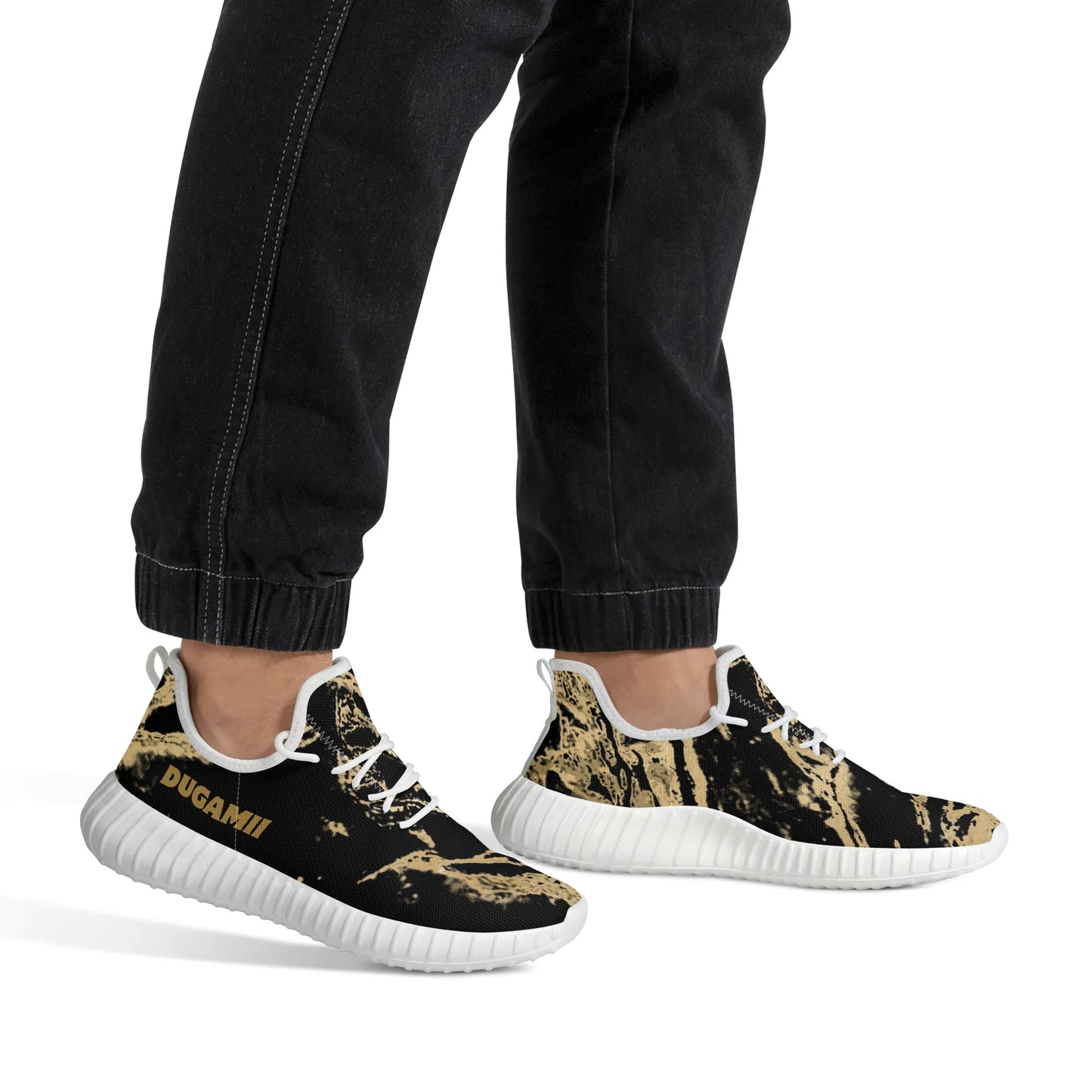 Mens Mesh Knit Black and White Golden Streaks Sneakers