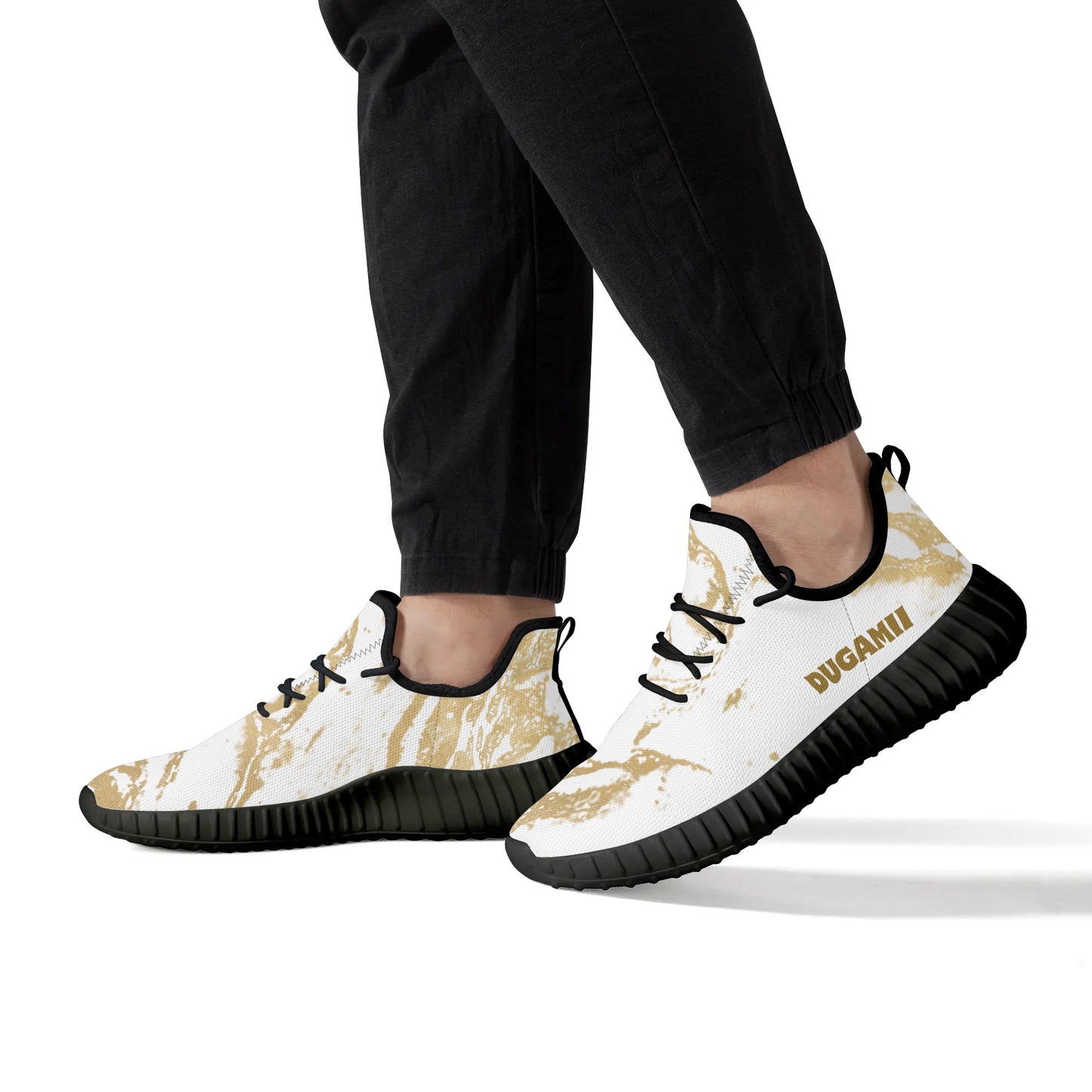 Mens Mesh Knit White and Black Golden Streaks Sneakers