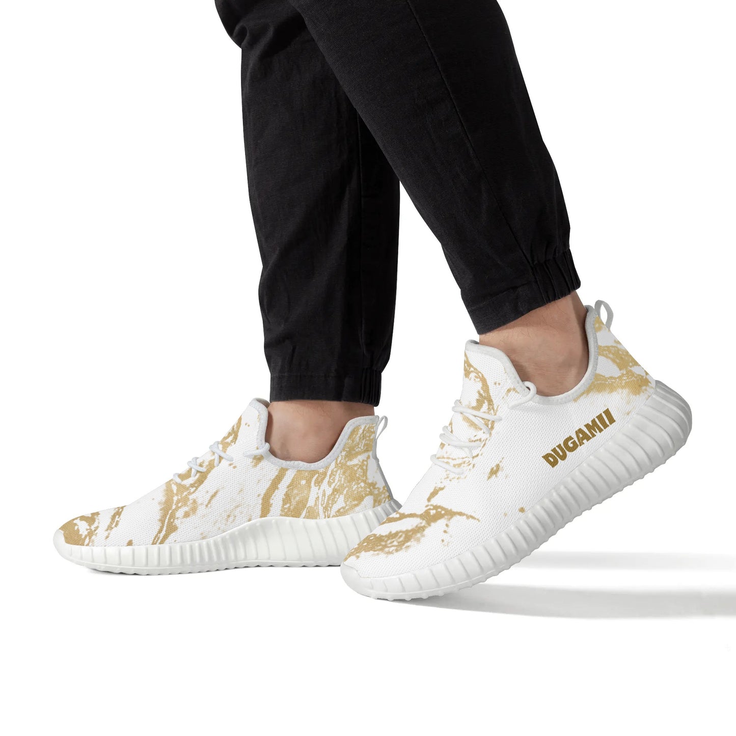 Mens Mesh Knit White and Black Golden Streaks Sneakers