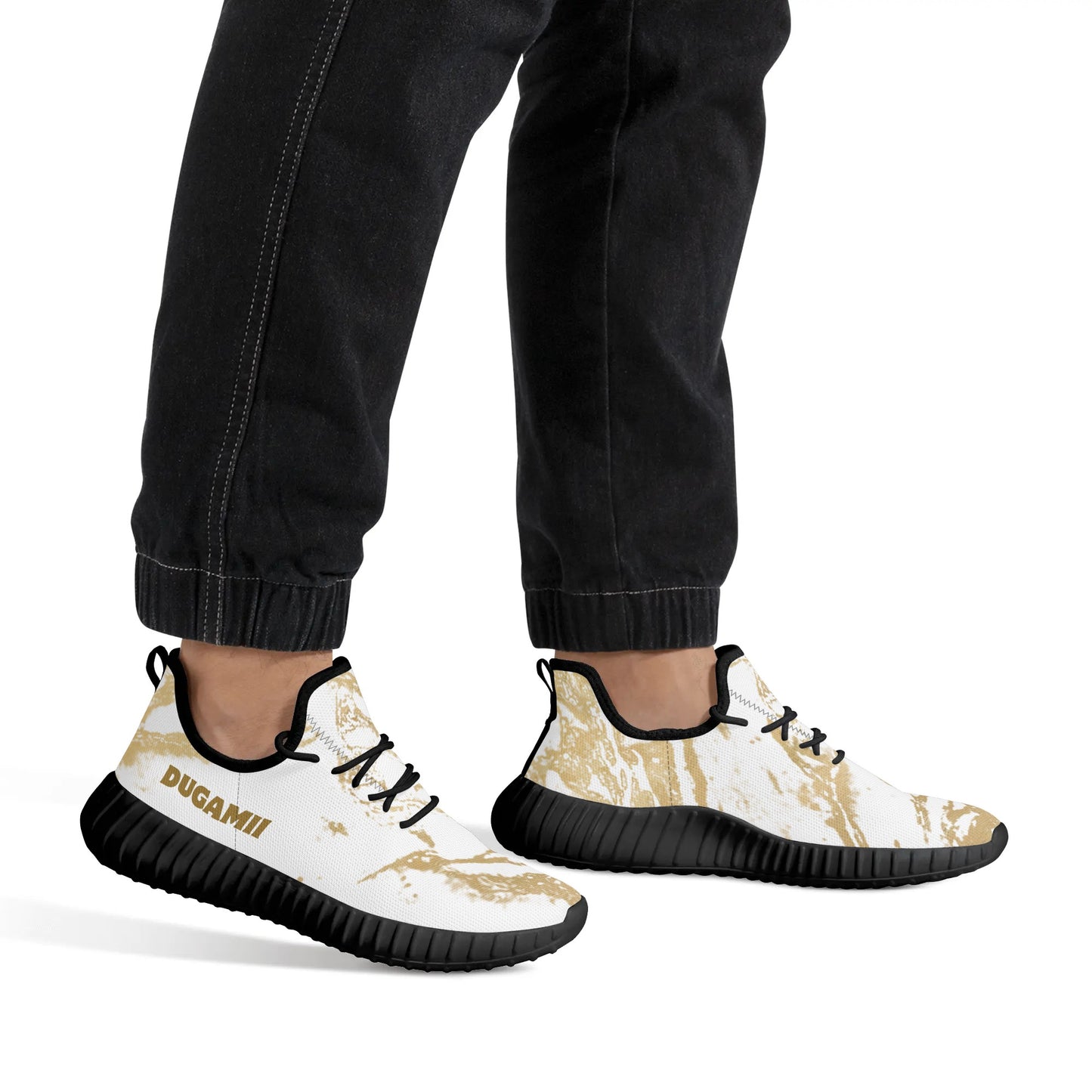 Mens Mesh Knit White and Black Golden Streaks Sneakers