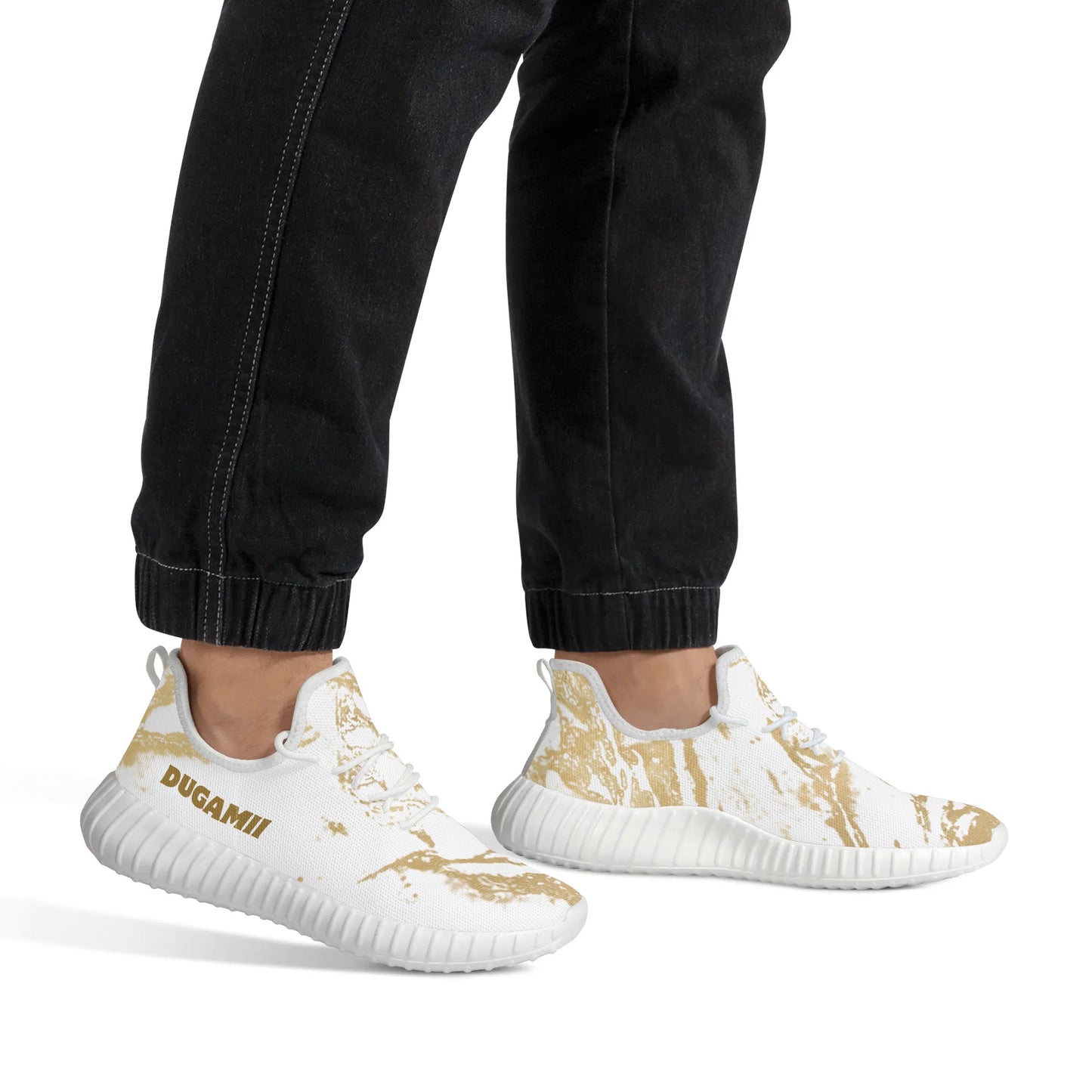 Mens Mesh Knit White and Black Golden Streaks Sneakers